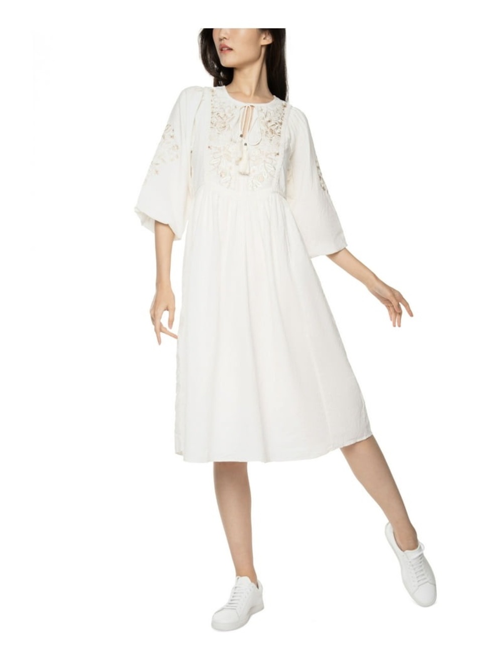 Black Tape_ White Embroidered Midi Dress